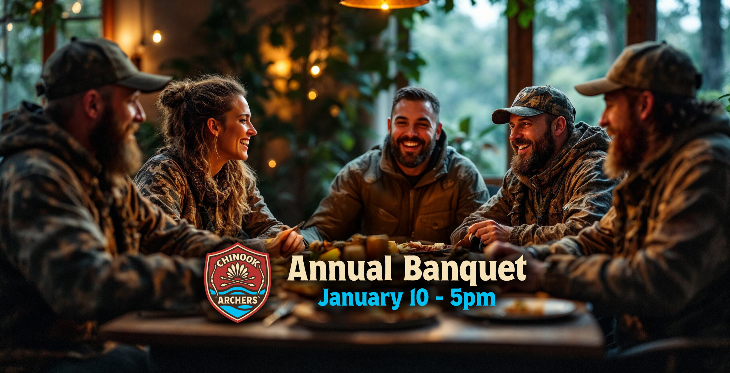 AI-generated image showing a group of archers in camouflage laughing together at a cozy indoor dinner table — used to represent the spirit of the Chinook Archers Annual Banquet.
