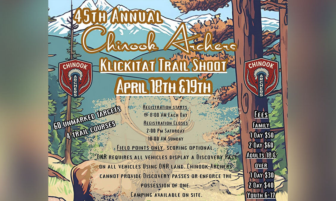 Join us April 18–19, 2026 for 60 unmarked 3-D targets and a full weekend of archery in Klickitat, WA.