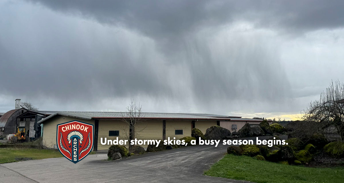 Storm clouds over Chinook Archers range before March 2026 club meeting in Vancouver Washington